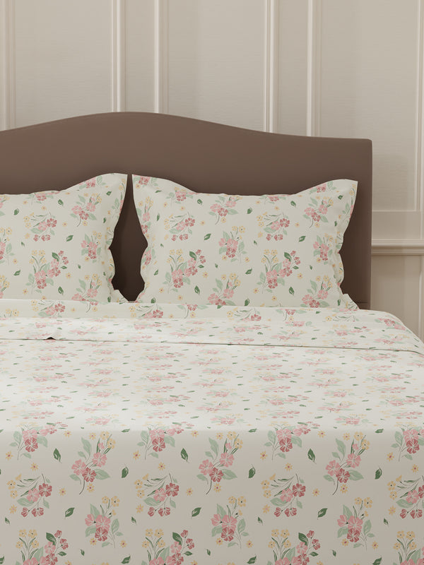 Lumina Floret 100% Cotton 144 TC Pink & White Floral Double Bedsheet with 2 Pillow Covers
