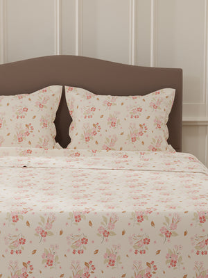 Lumina Floret 100% Cotton 144 TC Pink Floral Double Bedsheet with 2 Pillow Covers