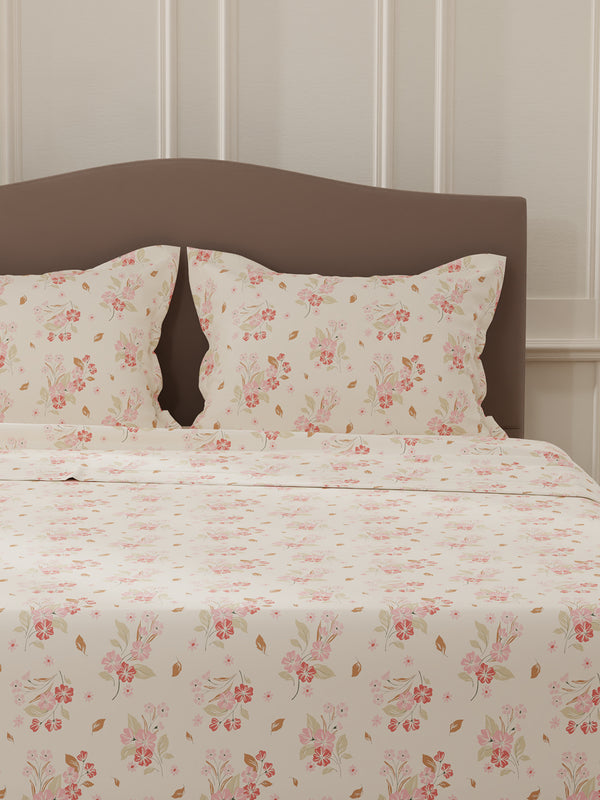 Lumina Floret 100% Cotton 144 TC Pink Floral Double Bedsheet with 2 Pillow Covers