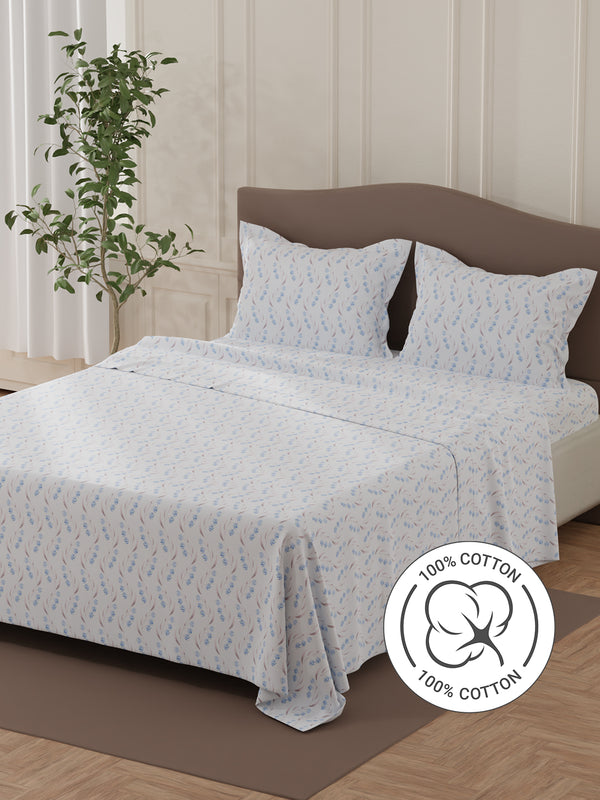 Lumina Floret 100% Cotton 144 TC Blue Floral Double Bedsheet with 2 Pillow Covers