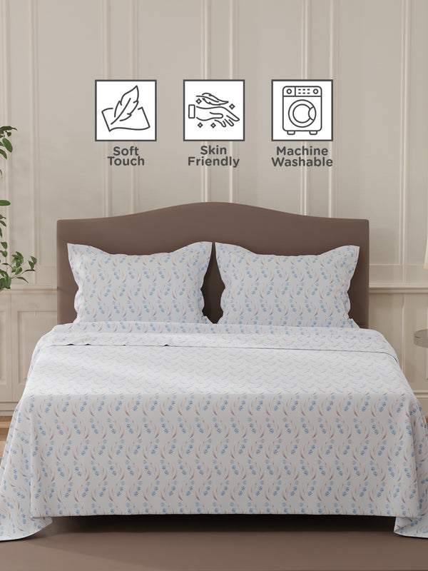Lumina Floret 100% Cotton 144 TC Blue Floral Double Bedsheet with 2 Pillow Covers