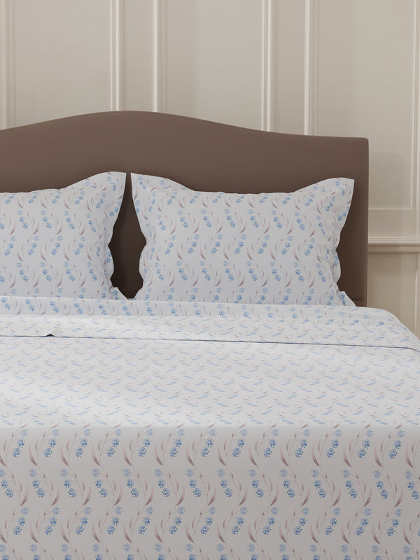 Lumina Floret 100% Cotton 144 TC Blue Floral Double Bedsheet with 2 Pillow Covers