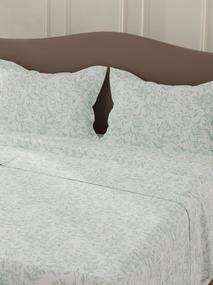 Lumina Floret 100% Cotton 144 TC Green & White Floral Double Bedsheet with 2 Pillow Covers
