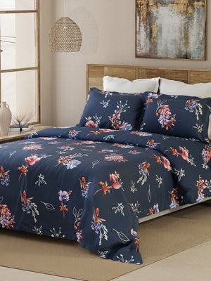 Lumina Floret 100% Cotton 144 TC Navy Blue Floral Double Bedsheet with 2 Pillow Covers