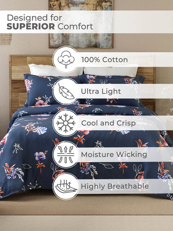Lumina Floret 100% Cotton 144 TC Navy Blue Floral Double Bedsheet with 2 Pillow Covers