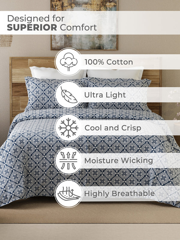 Lumina Floret 100% Cotton 144 TC Navy Blue Ethnic Print Double Bedsheet with 2 Pillow Covers