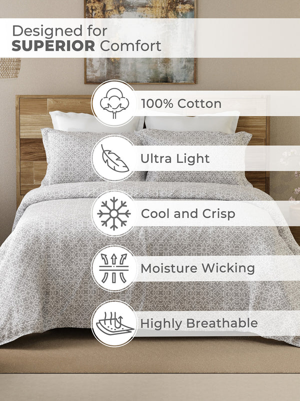 Lumina Floret 100% Cotton 144 TC Grey Ethnic Print Double Bedsheet with 2 Pillow Covers