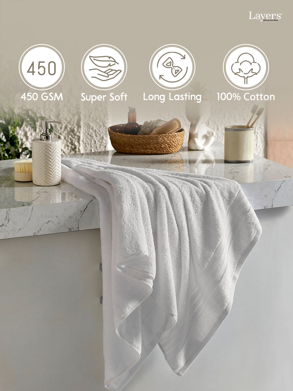 Home Easy 100% Cotton 450 GSM White Bath Towel - Pack of 1