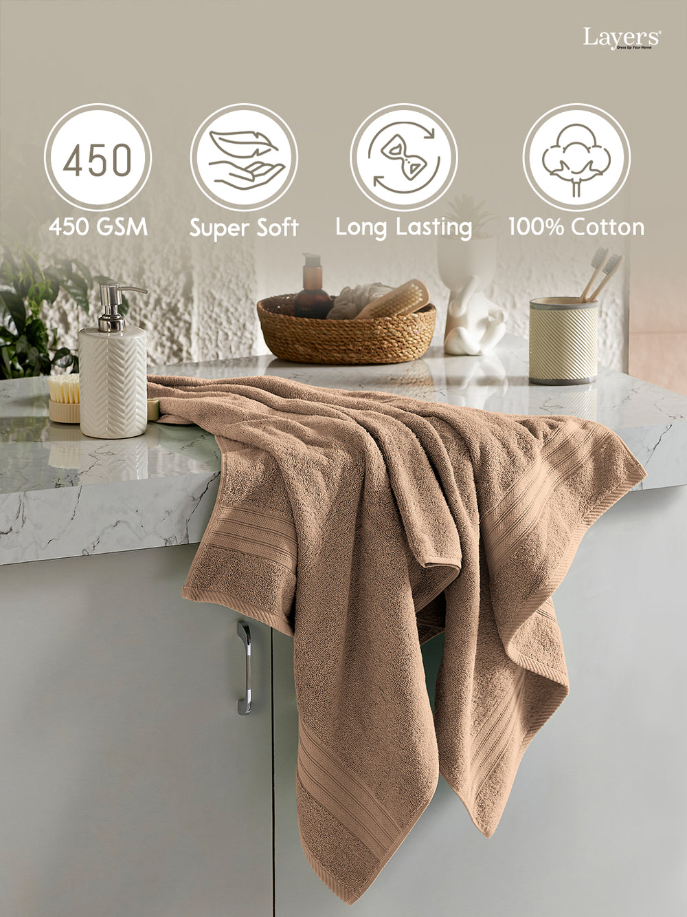 Home Easy 100% Cotton 450 GSM Beige Bath Towel - Pack of 1