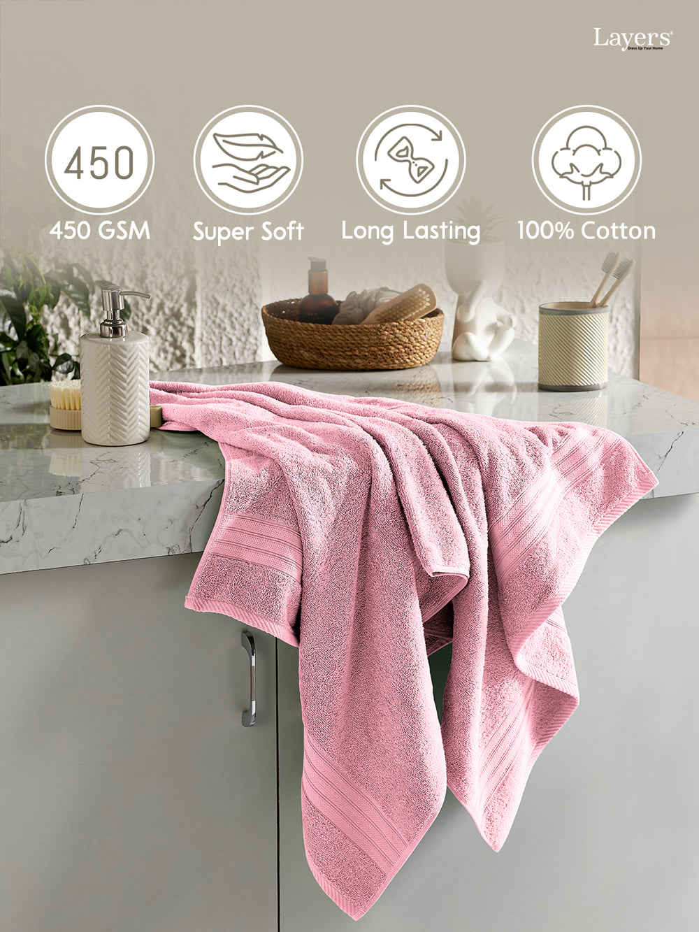 Home Easy 100% Cotton 450 GSM Pink Bath Towel - Pack of 1