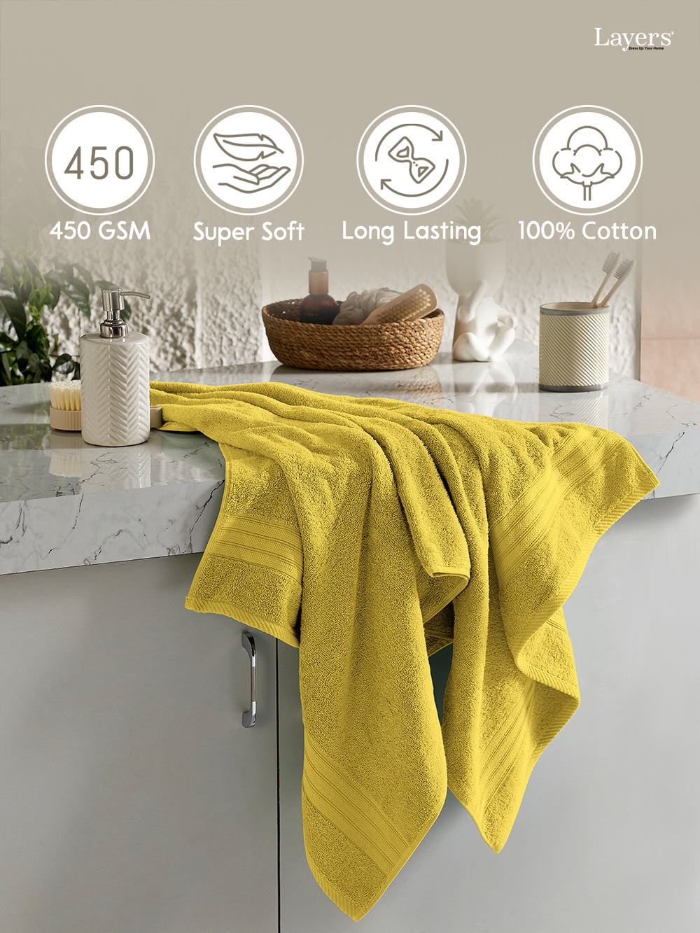 Be Bold 100% Cotton 450 GSM Yellow Solid Bath Towel - Pack of 1
