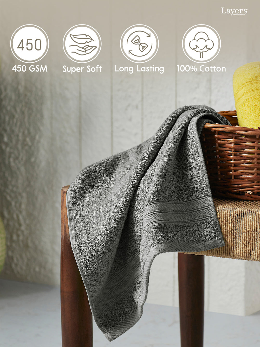 Home Easy 100% Cotton 450 GSM Grey Hand Towels - Set of 2