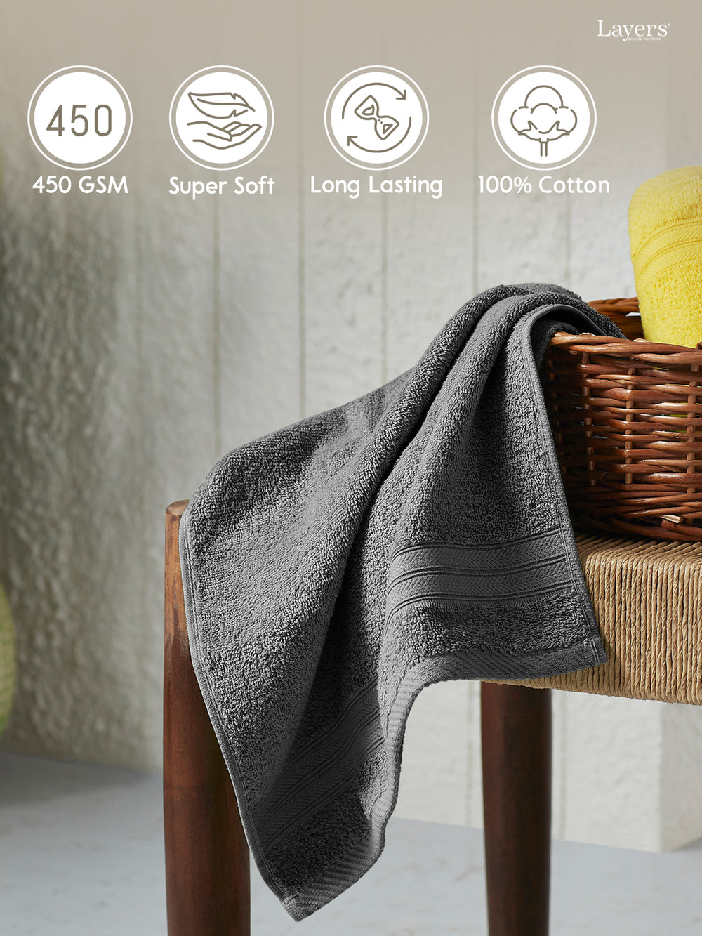 Home Easy 100% Cotton 450 GSM Grey Hand Towels - Set of 2