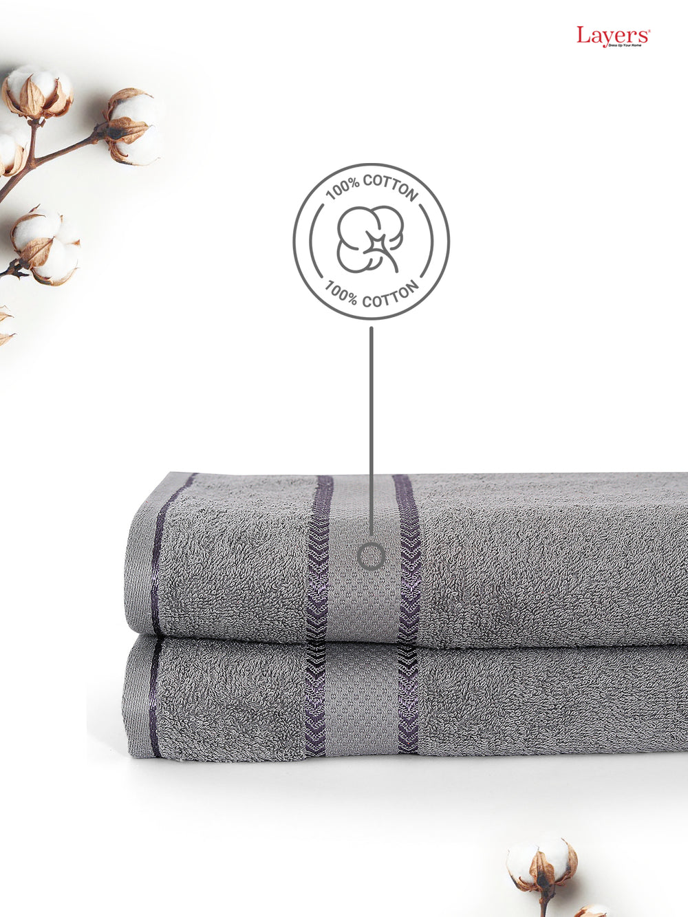100% Cotton 380 GSM Bath Towel - Pack of 2 (Grey), Everfresh Collection