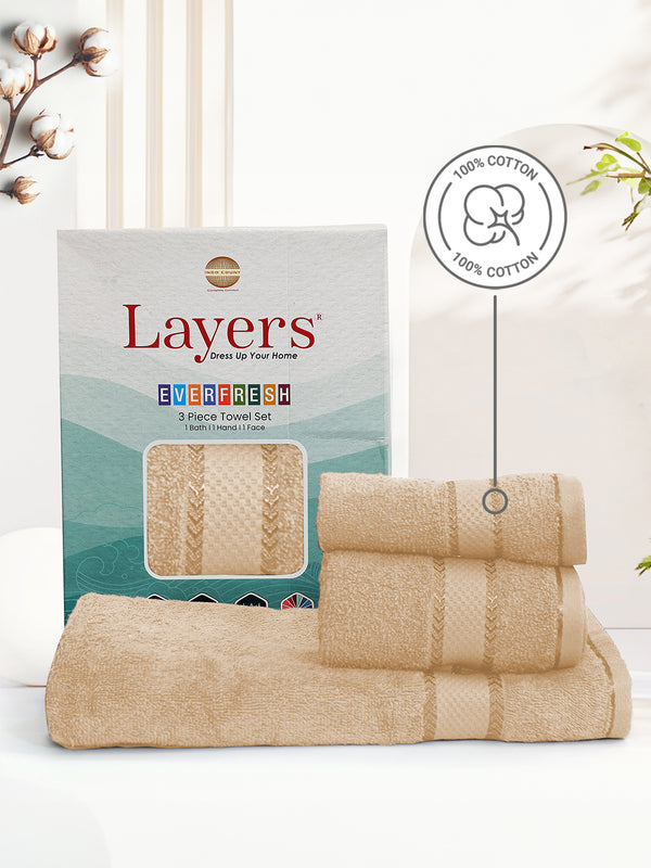 100% Cotton Towel Combo, 380 GSM Cream, Everfresh (1 Bath Towel, 1 Hand Towel & 1 Face Towel)