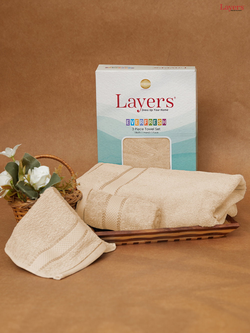 100% Cotton Towel Combo, 380 GSM Cream, Everfresh (1 Bath Towel, 1 Hand Towel & 1 Face Towel)