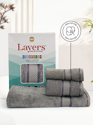 100% Cotton Towel Combo, 380 GSM Grey, Everfresh (1 Bath Towel, 1 Hand Towel & 1 Face Towel)