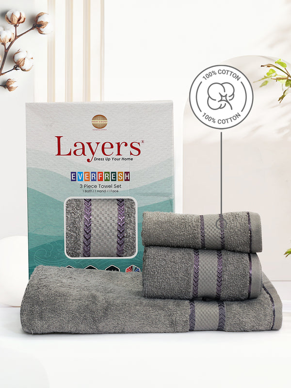 100% Cotton Towel Combo, 380 GSM Grey, Everfresh (1 Bath Towel, 1 Hand Towel & 1 Face Towel)