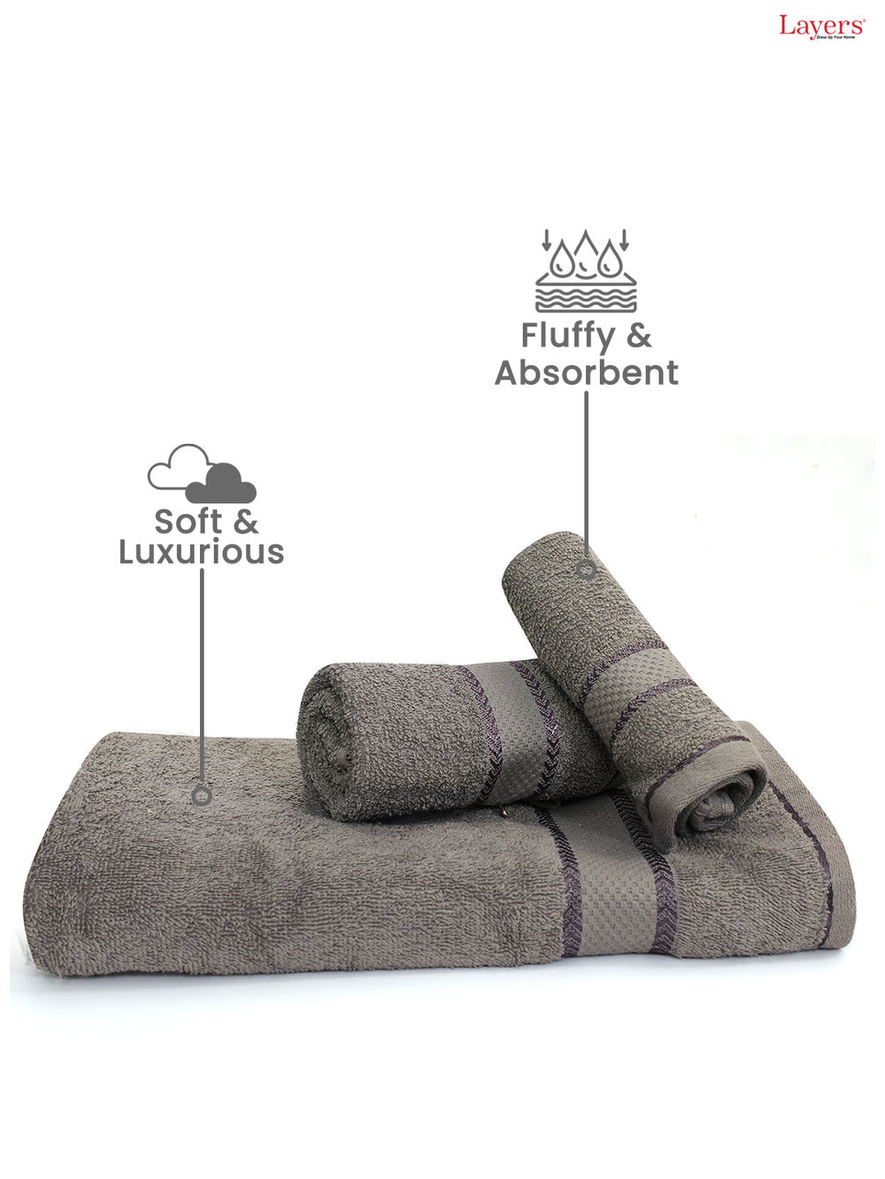 100% Cotton Towel Combo, 380 GSM Grey, Everfresh (1 Bath Towel, 1 Hand Towel & 1 Face Towel)