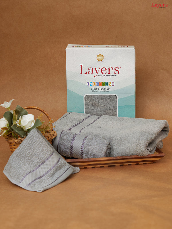 100% Cotton Towel Combo, 380 GSM Grey, Everfresh (1 Bath Towel, 1 Hand Towel & 1 Face Towel)