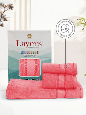 100% Cotton Towel Combo, 380 GSM Pink, Everfresh (1 Bath Towel, 1 Hand Towel & 1 Face Towel)
