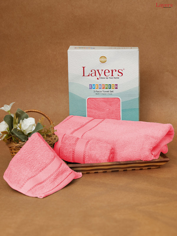 100% Cotton Towel Combo, 380 GSM Pink, Everfresh (1 Bath Towel, 1 Hand Towel & 1 Face Towel)