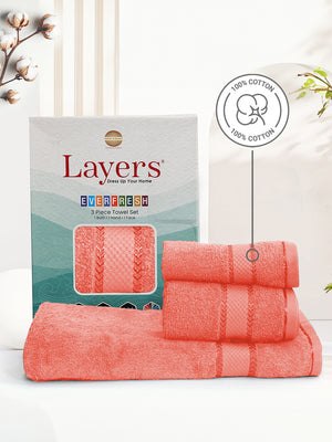 100% Cotton Towel Combo, 380 GSM Orange, Everfresh (1 Bath Towel, 1 Hand Towel & 1 Face Towel)