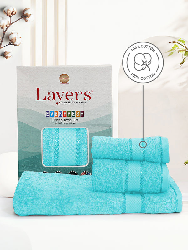 100% Cotton Towel Combo, 380 GSM Blue, Everfresh (1 Bath Towel, 1 Hand Towel & 1 Face Towel)