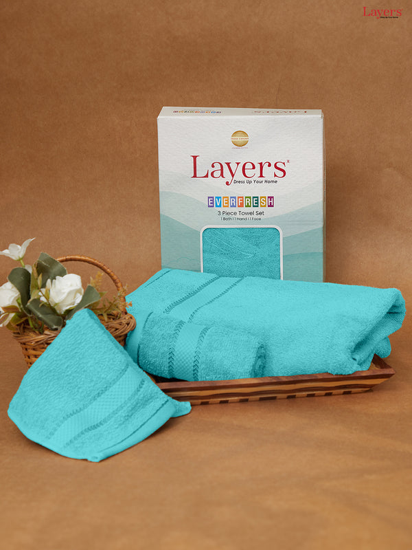 100% Cotton Towel Combo, 380 GSM Blue, Everfresh (1 Bath Towel, 1 Hand Towel & 1 Face Towel)