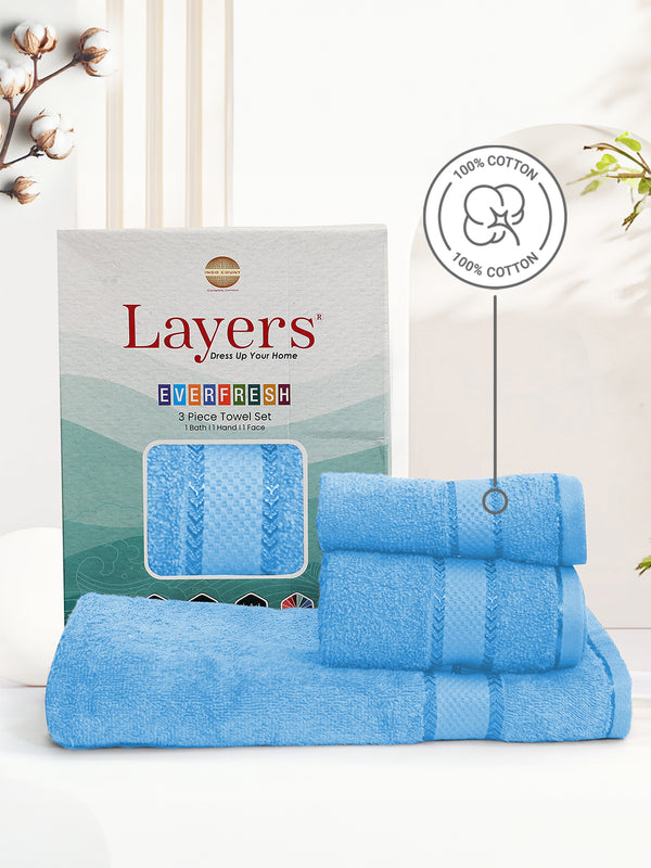 100% Cotton Towel Combo, 380 GSM Blue, Everfresh (1 Bath Towel, 1 Hand Towel & 1 Face Towel)