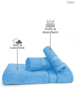 100% Cotton Towel Combo, 380 GSM Blue, Everfresh (1 Bath Towel, 1 Hand Towel & 1 Face Towel)