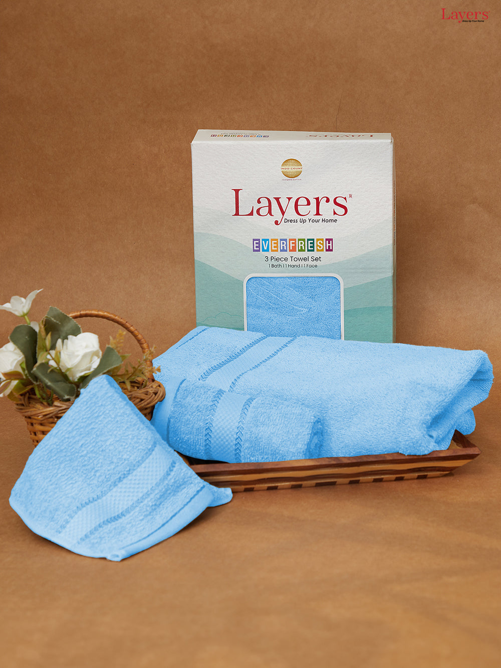 100% Cotton Towel Combo, 380 GSM Blue, Everfresh (1 Bath Towel, 1 Hand Towel & 1 Face Towel)