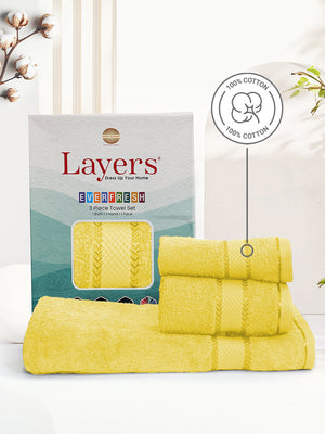 100% Cotton Towel Combo, 380 GSM Yellow, Everfresh (1 Bath Towel, 1 Hand Towel & 1 Face Towel)