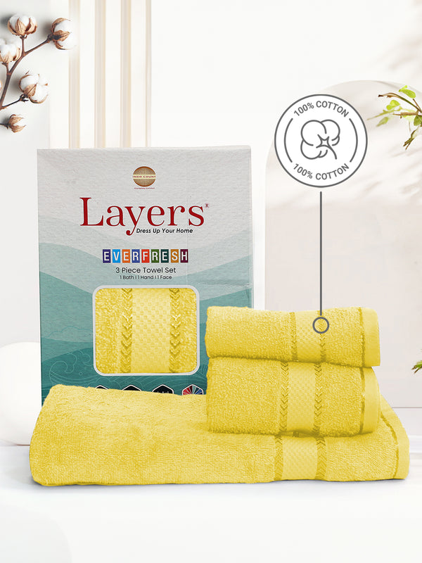 100% Cotton Towel Combo, 380 GSM Yellow, Everfresh (1 Bath Towel, 1 Hand Towel & 1 Face Towel)