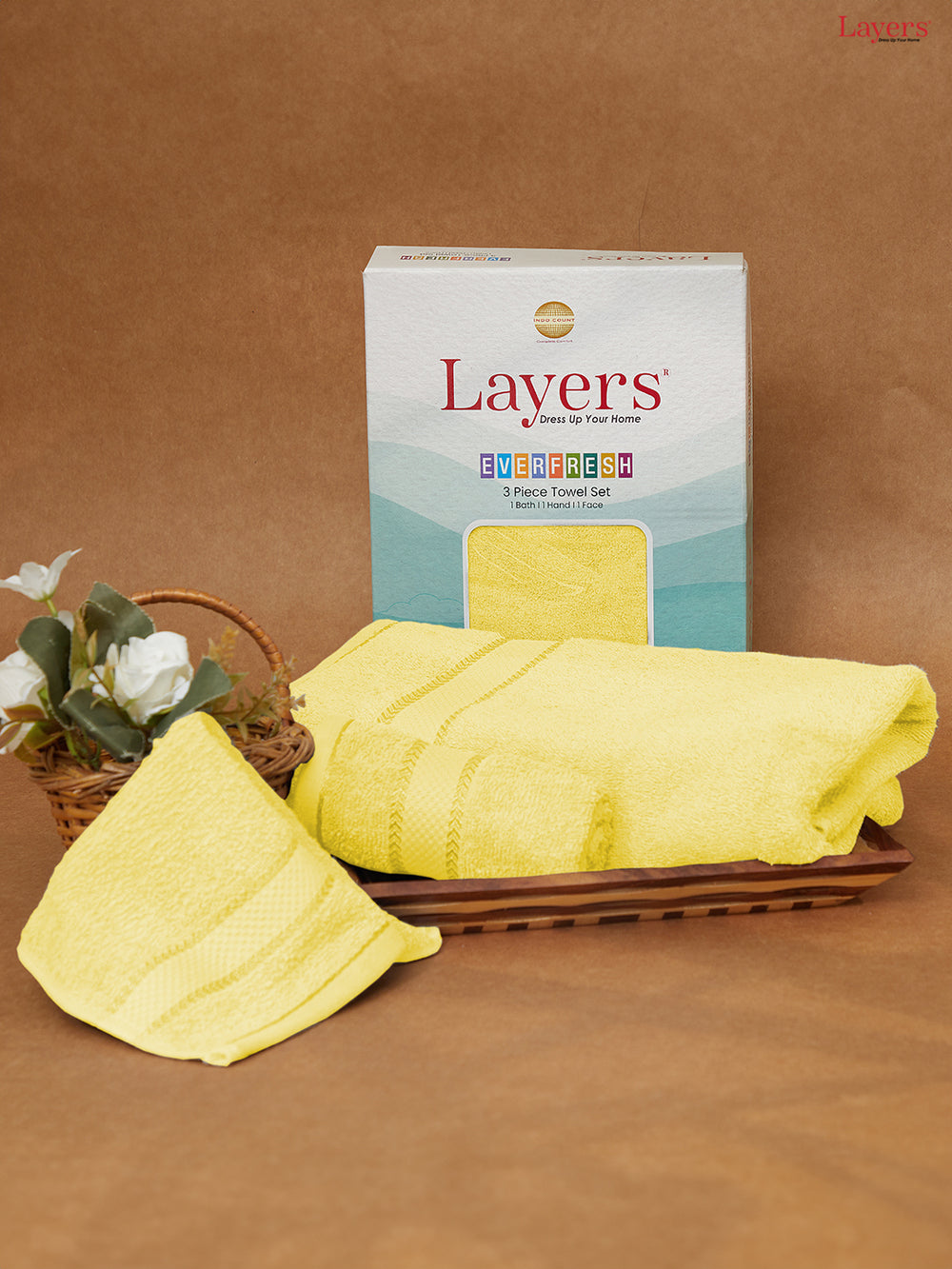 100% Cotton Towel Combo, 380 GSM Yellow, Everfresh (1 Bath Towel, 1 Hand Towel & 1 Face Towel)