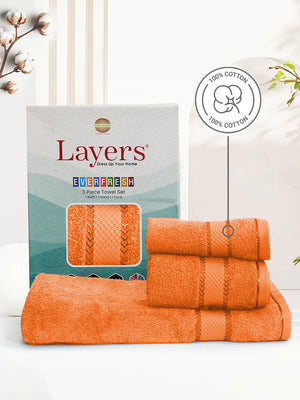 100% Cotton Towel Combo, 380 GSM Orange, Everfresh (1 Bath Towel, 1 Hand Towel & 1 Face Towel)