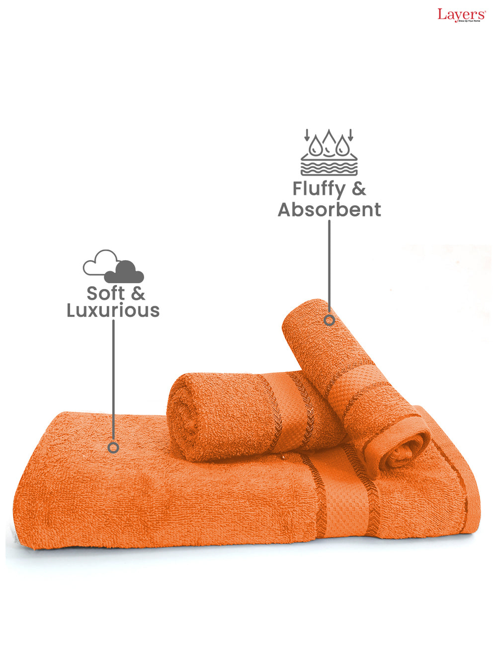 100% Cotton Towel Combo, 380 GSM Orange, Everfresh (1 Bath Towel, 1 Hand Towel & 1 Face Towel)
