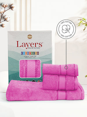 100% Cotton Towel Combo, 380 GSM Pink, Everfresh (1 Bath Towel, 1 Hand Towel & 1 Face Towel)