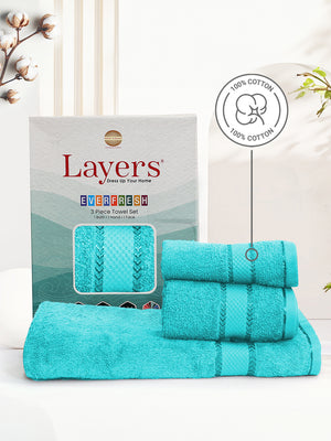 100% Cotton Towel Combo, 380 GSM Blue, Everfresh (1 Bath Towel, 1 Hand Towel & 1 Face Towel)