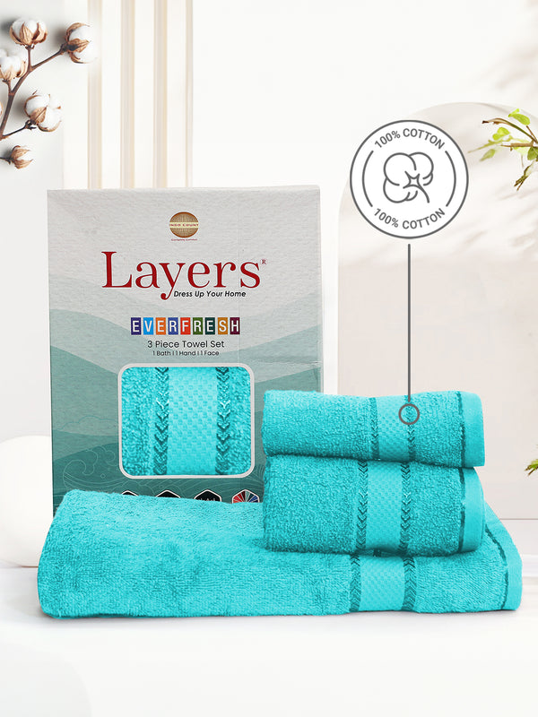 100% Cotton Towel Combo, 380 GSM Blue, Everfresh (1 Bath Towel, 1 Hand Towel & 1 Face Towel)