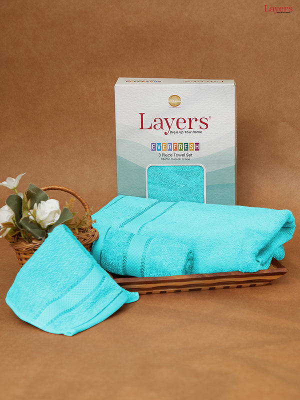 100% Cotton Towel Combo, 380 GSM Blue, Everfresh (1 Bath Towel, 1 Hand Towel & 1 Face Towel)