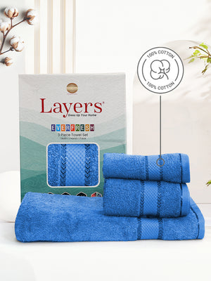 100% Cotton Towel Combo, 380 GSM Blue, Everfresh (1 Bath Towel, 1 Hand Towel & 1 Face Towel)