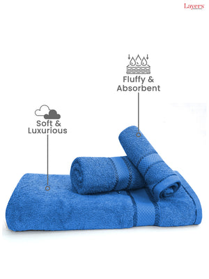 100% Cotton Towel Combo, 380 GSM Blue, Everfresh (1 Bath Towel, 1 Hand Towel & 1 Face Towel)