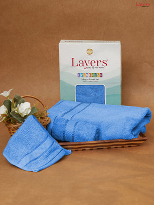 100% Cotton Towel Combo, 380 GSM Blue, Everfresh (1 Bath Towel, 1 Hand Towel & 1 Face Towel)