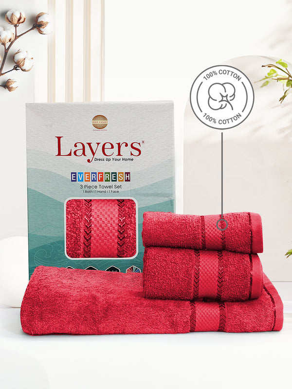 100% Cotton Towel Combo, 380 GSM Red, Everfresh (1 Bath Towel, 1 Hand Towel & 1 Face Towel)