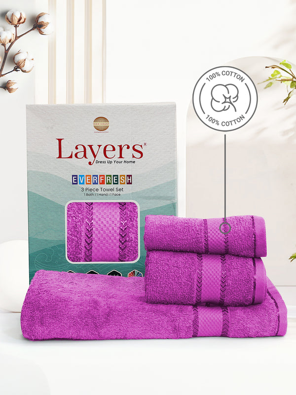 100% Cotton Towel Combo, 380 GSM Purple, Everfresh (1 Bath Towel, 1 Hand Towel & 1 Face Towel)