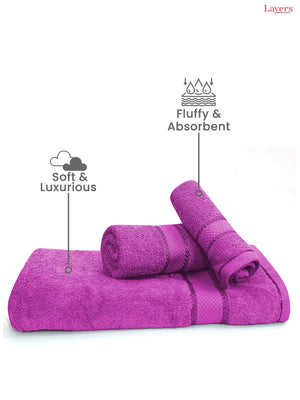 100% Cotton Towel Combo, 380 GSM Purple, Everfresh (1 Bath Towel, 1 Hand Towel & 1 Face Towel)