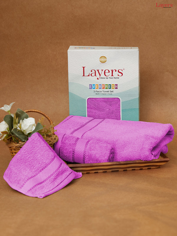 100% Cotton Towel Combo, 380 GSM Purple, Everfresh (1 Bath Towel, 1 Hand Towel & 1 Face Towel)