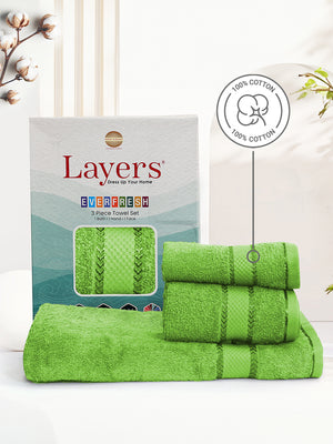 100% Cotton Towel Combo, 380 GSM Green, Everfresh (1 Bath Towel, 1 Hand Towel & 1 Face Towel)