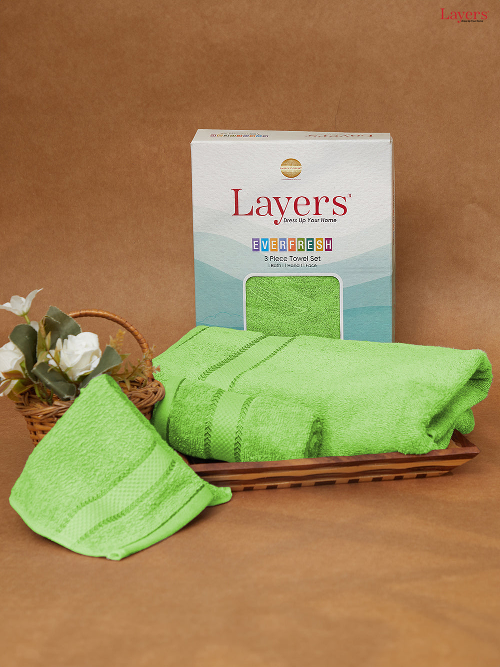 100% Cotton Towel Combo, 380 GSM Green, Everfresh (1 Bath Towel, 1 Hand Towel & 1 Face Towel)